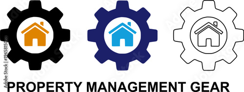 Property management gear icon set with house inside cogwheel symbolizing real estate systems, home services and maintenance. Perfect for housing apps, automation tools and UI design projects.