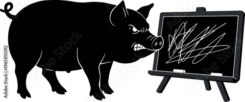 Angry Black Pig Facing a Small Blackboard with Scribbles in White on White Background