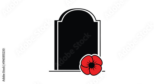 Minimalist gravestone vector with red poppy flower, memorial headstone icon for remembrance day, funeral tombstone illustration on white background