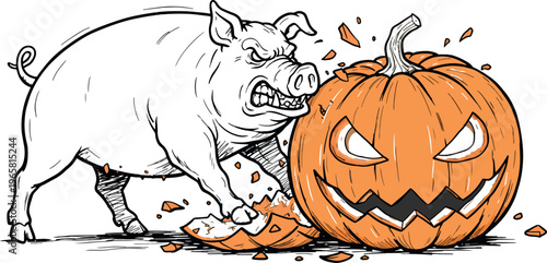 Angry Pig Attacking a Carved Halloween Jack-o-Lantern in Halloween Costume
