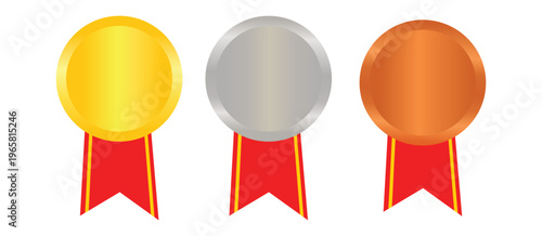 Vector illustrations of a set of gold, silver, and bronze medals with ribbons in a flat design style. Gold, metal, win, prize, sticker.