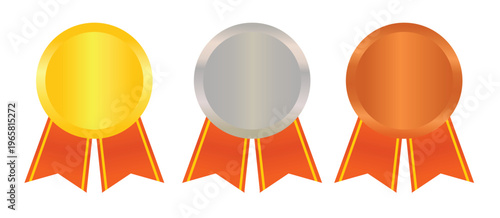 Vector illustrations of a set of gold, silver, and bronze medals with ribbons in a flat design style. Gold, metal, win, prize, sticker.