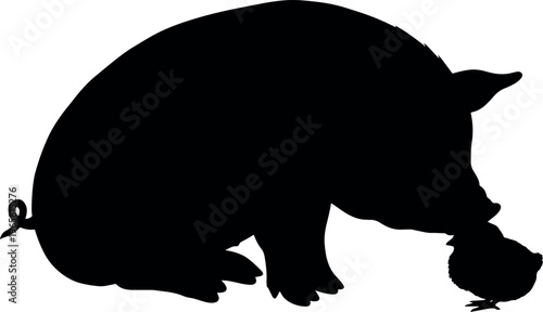 Silhouette of a piglet with a small ball on a white background