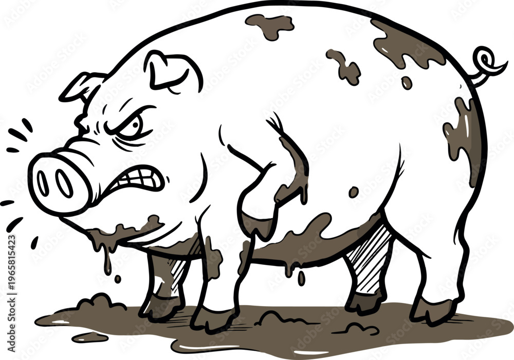 Fototapeta premium Angry Dirty Smelly Pig Cartoon Illustration in Muddy Environment