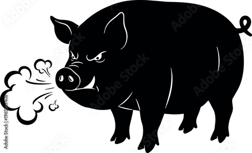 Angry Black Pig Cartoon Illustration Emitting Smoke in White Background
