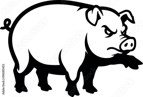 Angry Cartoon Pig Illustration in Black and White with Fierce Expression