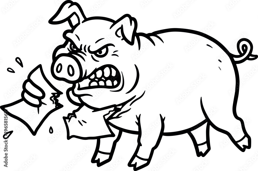 Fototapeta premium Angry Cartoon Pig Tossing Paper in Black and White Style