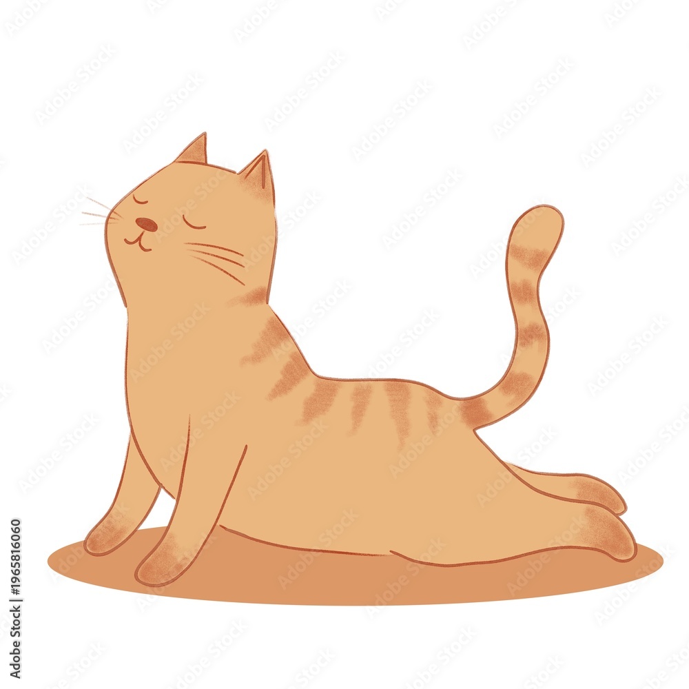 Naklejka premium Cute ginger tabby cat in cobra yoga pose on orange mat. Hand-drawn illustration of orange kitten stretching back with closed eyes. Minimalist animal wellness and mindfulness concept.