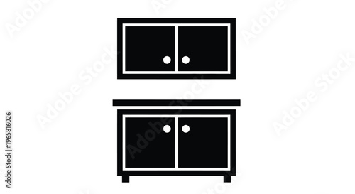 Simple black and white illustration of kitchen cabinets and countertop