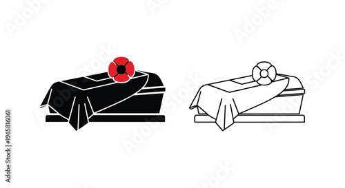 Funeral coffin with poppy flower and flag icons, burial casket with remembrance poppy symbol, mourning and memorial service vector set