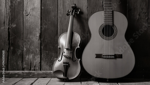 Close up a violin and classic guitar is on the old wooden wall , black and white image , classical music mood.