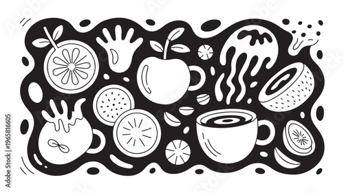 Healthy Lifestyle Food Doodles, Black and White Fruits and Drinks Icons for Nutrition and Wellness Concepts