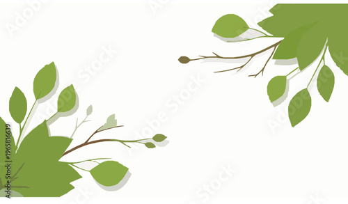 Fresh Green Tropical Leaves and Tree Branch Vector Background Minimal Botanical Design on White