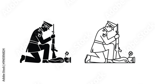 Military soldier kneeling at grave of fallen comrade, veteran memorial silhouette and line art icons, mourning army officer with rifle and helmet