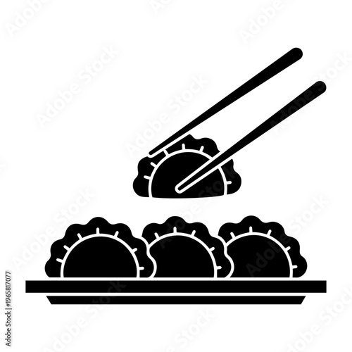 A stylized black and white vector graphic representing grilled food skewers resting on a plate