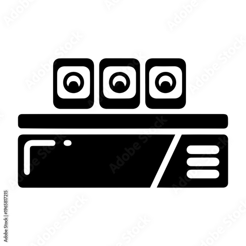 Minimalist black and white vector icon of vintage mainframe computer system with magnetic tape reels