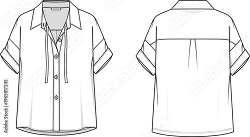 Women Short Sleeve Button Down Shirt Technical Flat Sketch Vector Illustration Tie Neck Fashion CAD Drawing for Apparel Design Tech Pack