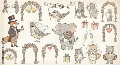 Whimsical cartoon wedding set shows anthropomorphic animals celebrating.