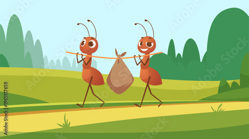 Cartoon ants. background with happy working characters walking ants with cargo