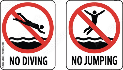 No diving and no jumping safety warning sign art illustration for pool restriction hazard notice symbol design