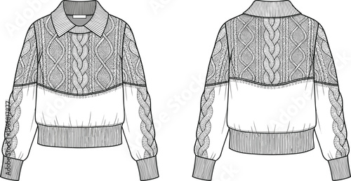 Women's Cable Knit Polo Sweater Technical Fashion Flat Sketch Template, Long Sleeve Collar Jumper Cad Drawing Flat Vector Illustration Illustration