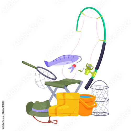 Fishing gear. professional collection of different tools for fisherman hobbies