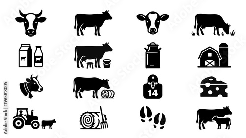 Dairy Farming Cow Icon Set – Cattle, Milk, Farm, Agriculture Silhouette Collection
