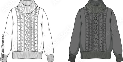 Women Cable Knit Cowl Neck Sweater Technical Flat Sketch Vector Illustration Long Sleeve Pullover Fashion CAD Drawing for Apparel Design