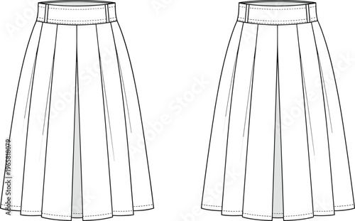Technical Fashion Flat Sketch of a Women's Pleated Midi Skirt with High Waistband and Front Back View, CAD Drawing Flat Vector Illustration