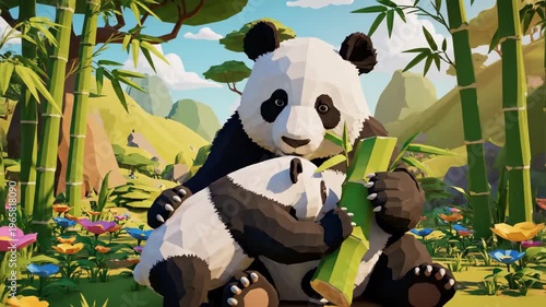 Cartoon style giant pandas eating bamboo stalks in lush green forest