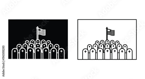 Military cemetery icon set with American flag, rows of gravestones with crosses, memorial day vector illustration in black and white