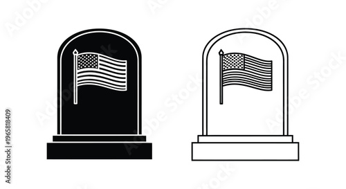 American military headstone icons with USA flag, memorial day gravestone vector set, patriotic cemetery tombstone symbols for veterans