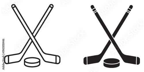 Ice hockey sticks and puck silhouette icon collection in bold black vector style