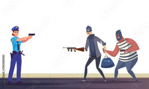 Thief. Female policeman fights criminals. vector cartoon characters shooting