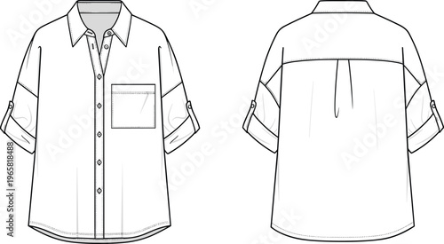 Women's Oversized Short Sleeve Button Down Shirt Fashion Flat Sketch Vector Illustration with Roll Up Sleeve Tabs and Technical CAD Drawing