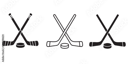 Ice hockey sticks and puck silhouette icon collection in bold black vector style