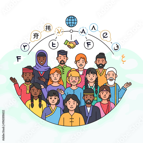 Diverse group of people from various cultures and backgrounds, representing global unity, communication, and multiculturalism with different language symbols.