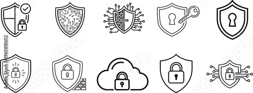 Cybersecurity shield icons set representing digital protection, data privacy, encryption, secure cloud storage, firewall defense, network safety, and modern technology security concepts in minimalist 