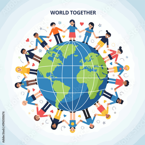 Diverse children holding hands in a circle around the globe, symbolizing global unity and peace.