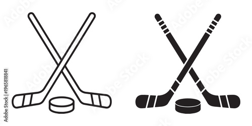 Ice hockey sticks and puck silhouette icon collection in bold black vector style