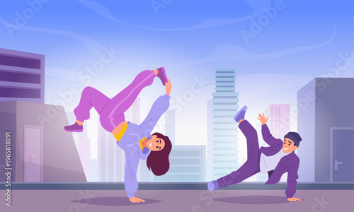 Urban dance. Street background with people dancing exact vector template