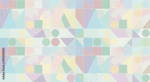 A colorful abstract background featuring a mosaic of pastel geometric shapes in a seamless pattern with soft, calming tones.