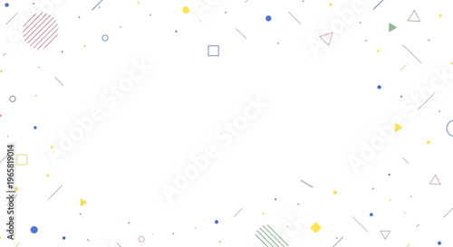 A colorful abstract background featuring a multitude of geometric shapes in various colors and patterns scattered across a white surface with a shallow depth of field.