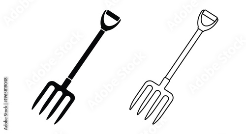 Two garden pitchforks depicted in a simple black and white illustration