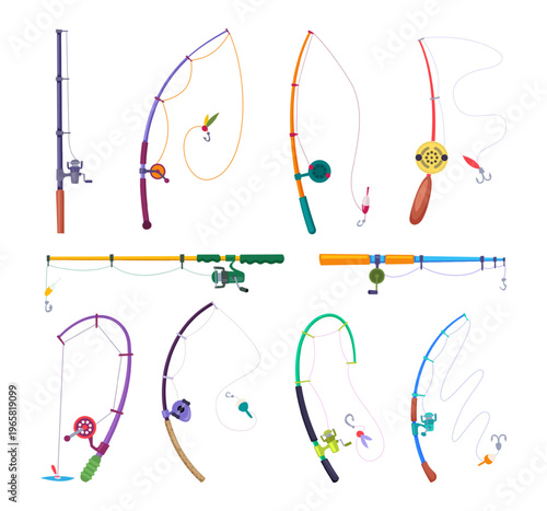 Fishing rods. Spinning different shapes exact vector fisherman tools
