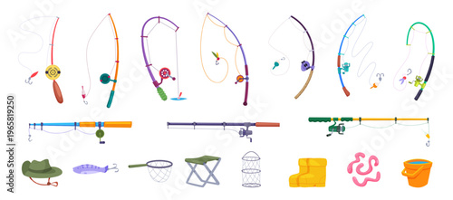 Fishing rods. Professional items for fish catch exact vector fisherman tools
