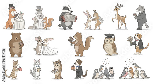 Collection of anthropomorphic forest animals attend various charming.