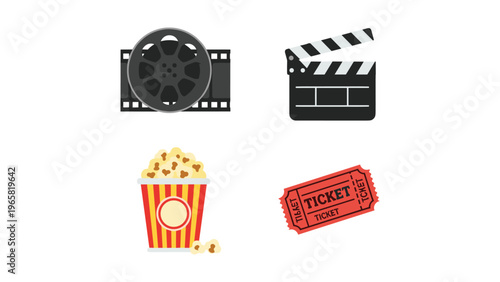 Icons representing classic elements of a movie theater experience