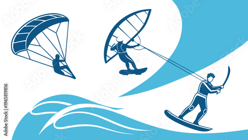 Silhouette icons of essential kite surfing equipment and activities for action sports enthusiasts
