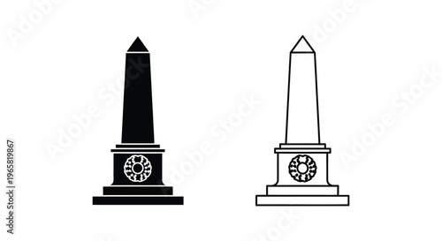 Minimalist obelisk monument vector icons, black and white Egyptian stone pillar symbols, historical landmark tower silhouette and outline